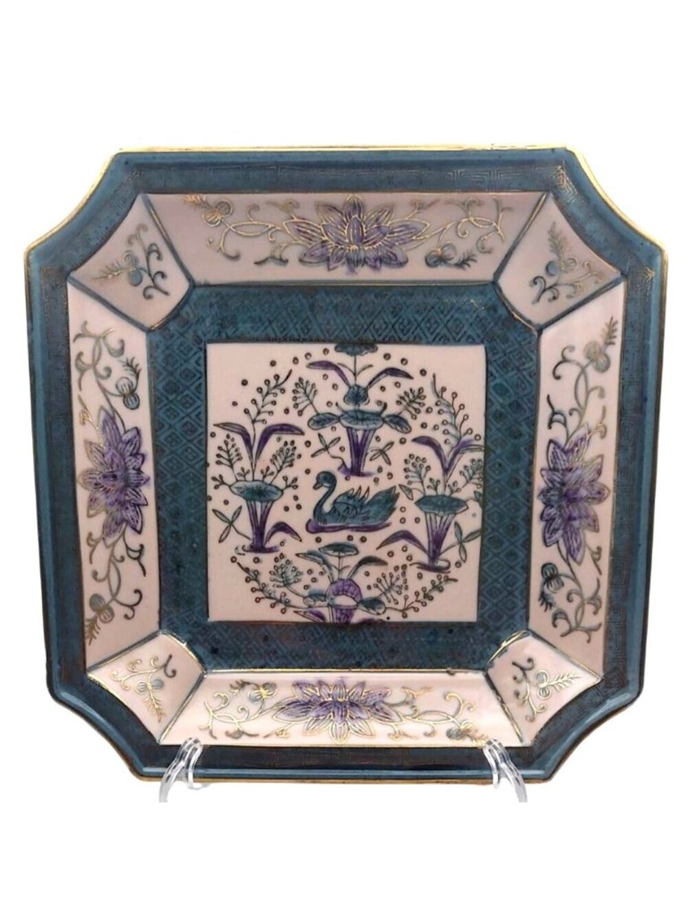 Vintage Gold Castle Japanese 8" Square Plate Hand-Painted Swan Floral Gold Trim